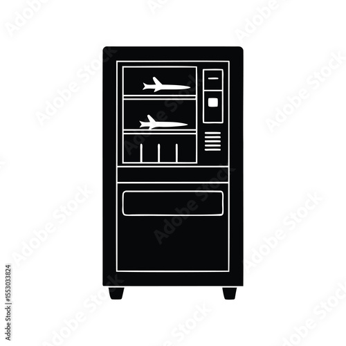 Black and white vending machine with planes, product and dispenser slots