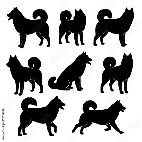 Collection of seven black silhouette husky dogs in various poses standing sitting and walking isolated on transparent background