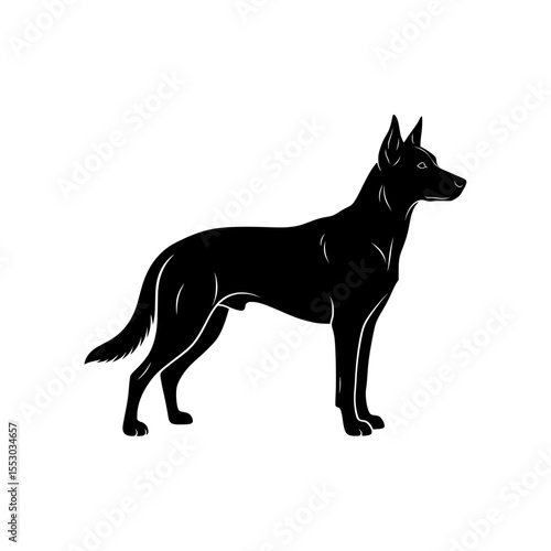 A sleek black silhouette of a german shepherd standing alertly with its ears pricked and tail held high isolated on transparent background silhouette