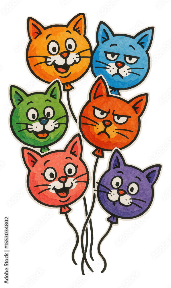 Obraz premium Illustration of colorful cat balloons with various facial expressions, featuring orange, blue, green, red, and purple colors, suitable for playful and festive designs.