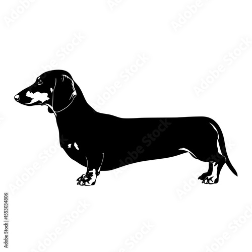 Detailed black silhouette of a dachshund dog standing profile view with its distinctive long body and short legs isolated on transparent background silhouette