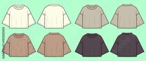 Women drop shoulder with crop shourt sleeve t-shirt technical drawing fashion flat sketch vector illustration template front and back views outline CAD mockup