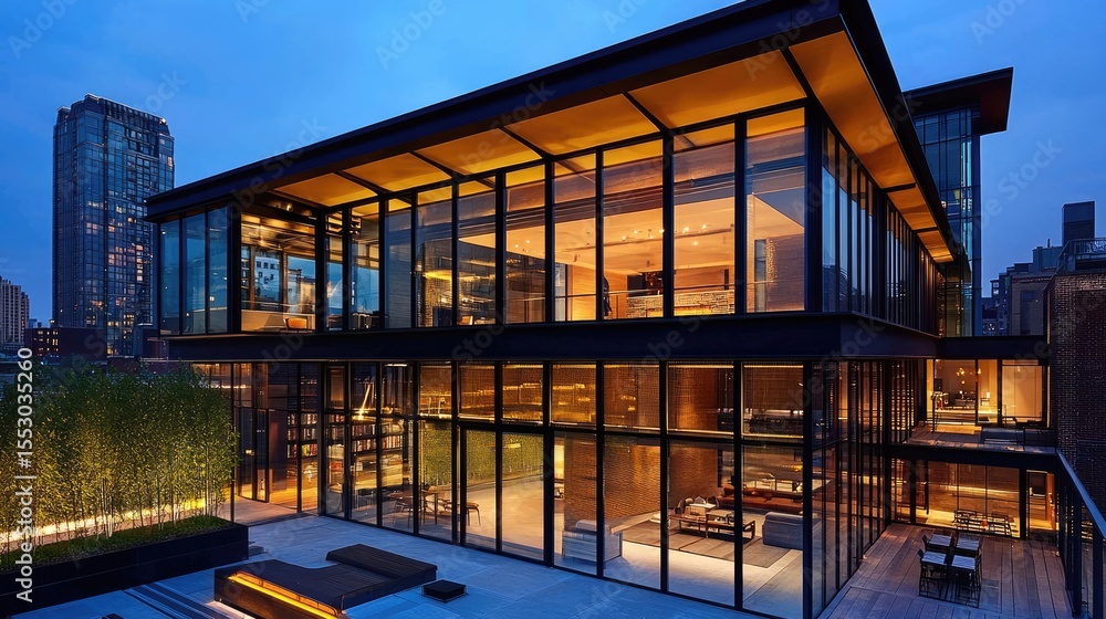 Fototapeta premium Modern penthouse apartment complex at dusk.