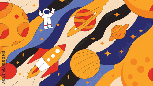 An illustrated space scene featuring a cartoon astronaut, colorful planets, and a rocket ship, evoking a sense of adventure.