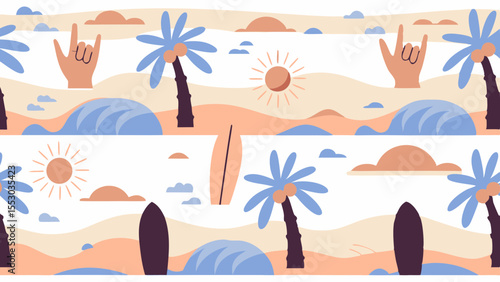 A vibrant, cartoonish landscape featuring palm trees, sun, and surfboards in soft pastel colors.