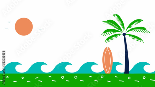 A vibrant digital illustration featuring a surfboard next to a palm tree, waves, and a sunny sky.