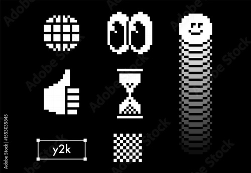 Pixel 8 bit style emoticon collection on black. Wire planet icon, wide googly eyes, checkered pixelated pattern, hourglass, thumbs up, snake made of a lot of smile icon. Cool retro nostalgic elements