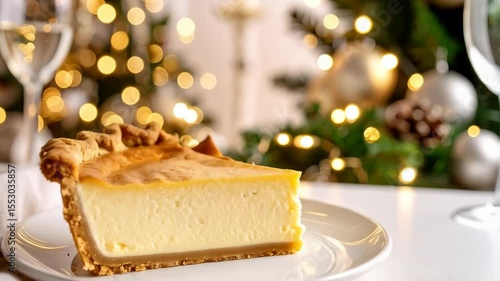 Slice of creamy cheesecake on a white plate with Christmas tree and lights in the background, holiday dessert, festive treat
