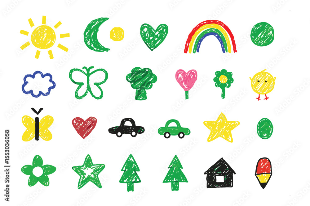 Naklejka premium Artistic Doodles: Delightful crayon doodles, featuring an array of charming objects like hearts, stars, rainbows, suns, clouds, butterflies, flowers, trees, and vehicles.