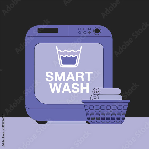 Purple Smart Wash Laundry Machine Illustration with Rolled Towels in a Basket on a Light Purple Background