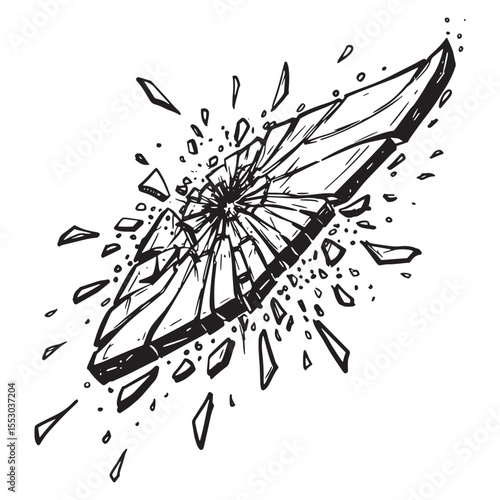 Shattered glass illustration exploding with numerous fragments and a hand drawn style