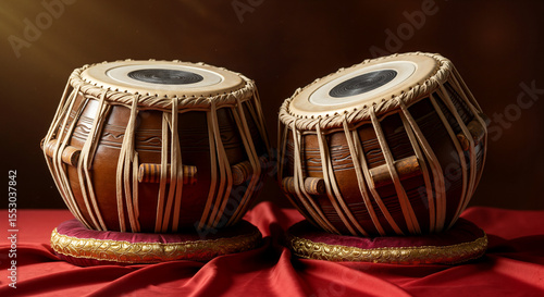 Traditional tabla drums on red fabric for Indian Independence Day musical performances, cultural exhibitions, and classical concerts