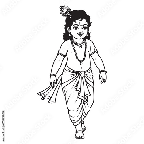 Vector illustration of lord krishna depicted in a walking pose with traditional attire