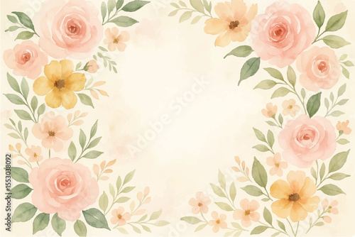 Vintage floral background with romantic pink roses, elegant frame, and decorative hearts for a wedding or Valentine's Day card design