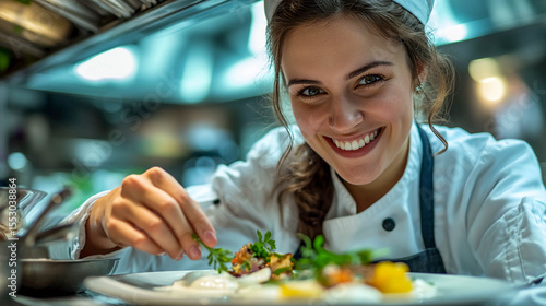 Fototapeta Naklejka Na Ścianę i Meble -  A female chef who prepares or decorates a dish in a professional kitchen.