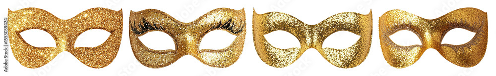 Obraz premium PNG Golden masquerade masks aligned, element set on transparent background