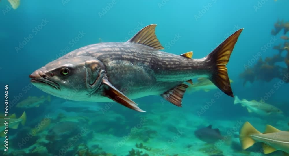 Atlantic halibut endangered fish swimming in the ocean 4K video Atlantic halibut endangered fish swimming in the ocean 4K video