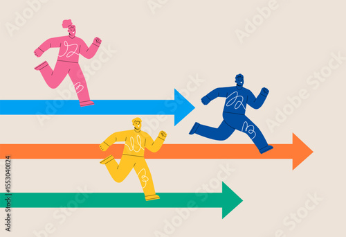 Man and woman compete running on arrow racetrack. Colorful vector illustration