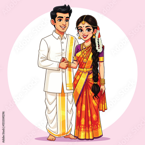 Traditional South Indian Wedding Couple in Cultural Attire – Vector Illustration