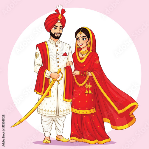 Punjabi Sikh Wedding Couple Cartoon Illustration – Traditional Bride and Groom with Sword