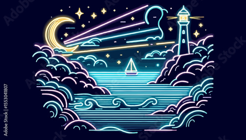 Moonlit ocean journey with a sailboat under a starry night sky