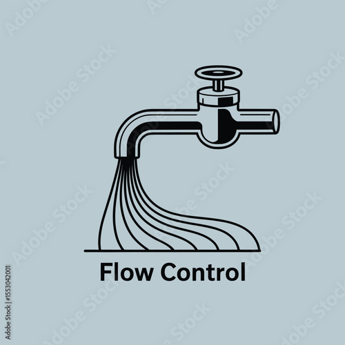 Silver Faucet with Water Flowing in Multiple Streams Against Light Blue Circular Background Flow Control Illustration