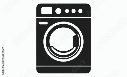 Washing machine silhouette, laundry icon with clothes, black vector appliance illustration