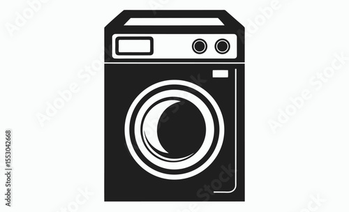 Washing machine silhouette, laundry icon with clothes, black vector appliance illustration