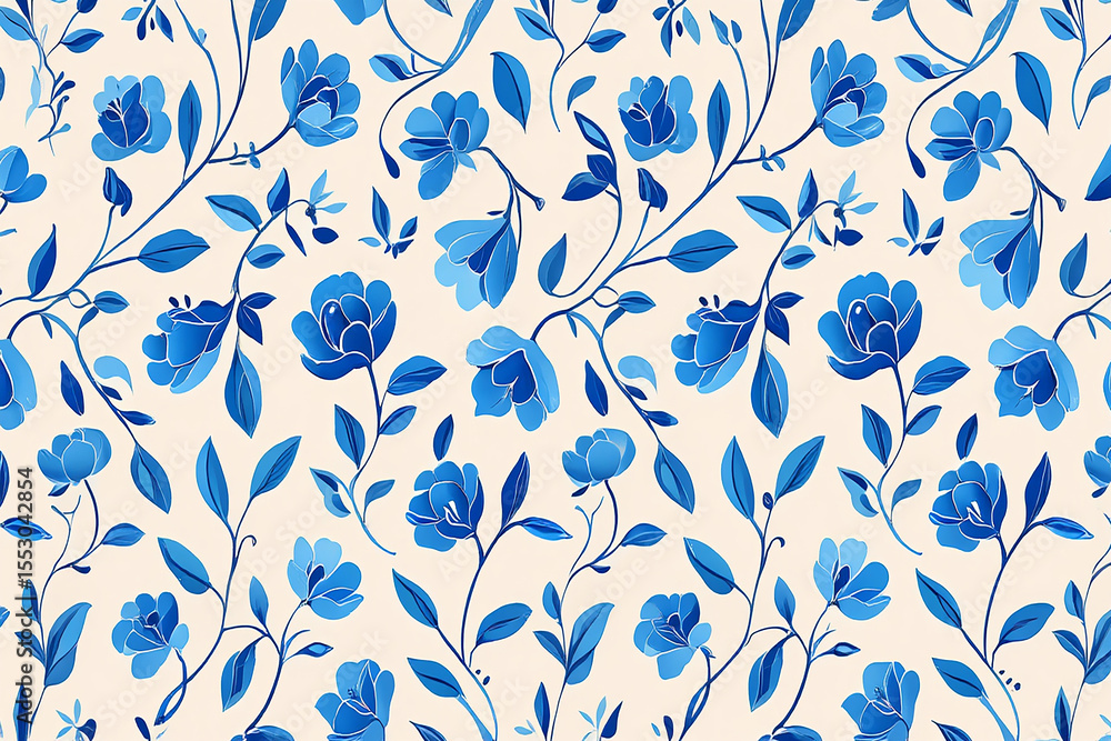 Elegant blue floral pattern with repeating flower and leaf motifs on cream background Elegant blue floral pattern with repeating flower and leaf motifs on cream background