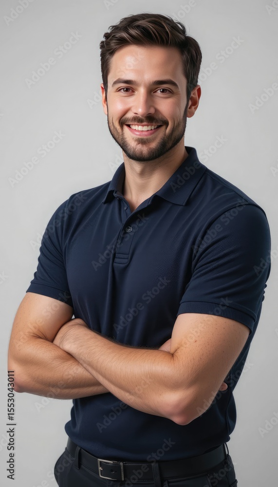 Obraz premium Smiling Man Navy Blue Polo Shirt Crossed Arms Studio Portrait