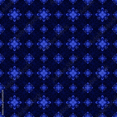 Photography abstract blue background,indigo flowers,stamens,branches with s navy blue background,created from curves in geometric patterns to a sarong ,tile,fabric and printed patterns