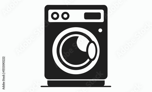 Washing machine silhouette, laundry icon with clothes, black vector appliance illustration