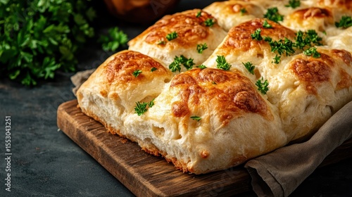 Wallpaper Mural A close-up of freshly baked, golden brown cheesy bread topped with parsley, showcasing its fluffy texture and appetizing appearance that's perfect for any meal. Torontodigital.ca