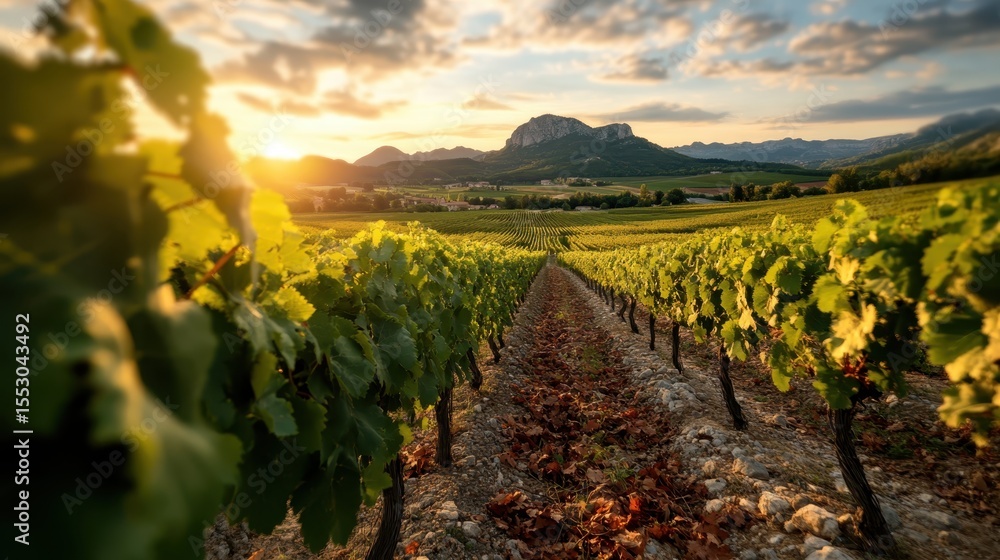 Naklejka premium A stunning vineyard landscape captured at sunset, showcasing lush green vines with a picturesque backdrop of rolling hills and a dramatic sky filled with warm hues.