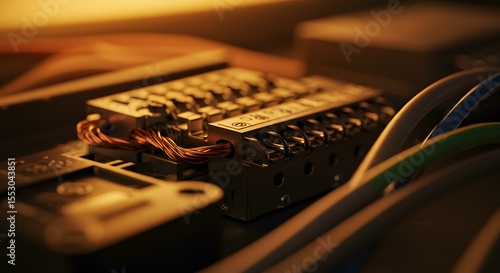 Electronics circuit board features complex copper wiring and secure terminal connections in a high-tech industrial assembly environment.