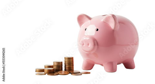 Pink piggy bank and stacked coins on a white surface.