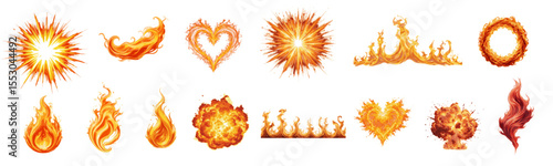 Collection of vibrant fiery flame bursts intricate burning shapes and blazing explosions in vivid