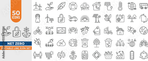 Net Zero line Icon Set – Editable Line Vector Icons for Eco, Green Energy, Sustainability, Recycling, CO2 Neutral, and More. Editable Stroke. Vector illustration