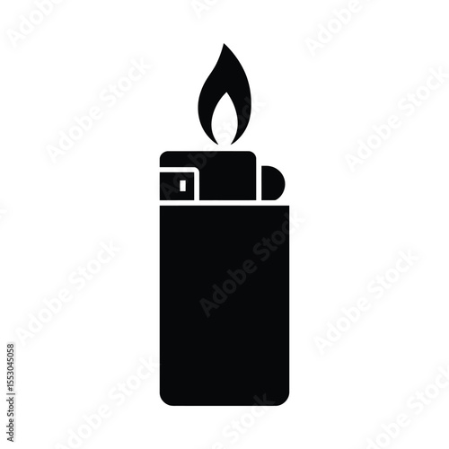 Black silhouette of a lighter with flame on white background