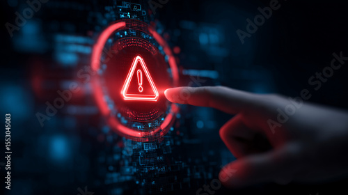 System warning alert on virtual interface with hand interaction. Concept of cybersecurity risk, data breach, malware, hacking, IT failure, and digital system vulnerability in modern technology