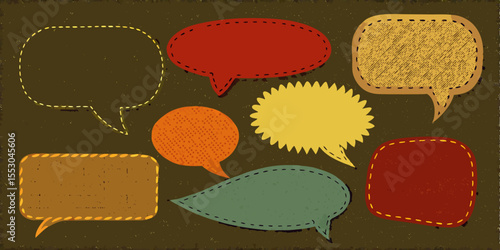 Unique colorful speech bubbles in a textured style, ideal for adding retro conversational elements to presentations, websites, or social media.