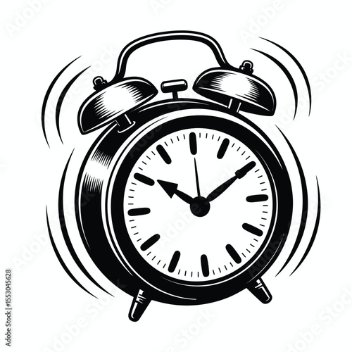Ringing Alarm Clock Vector Illustration in Black and White Style