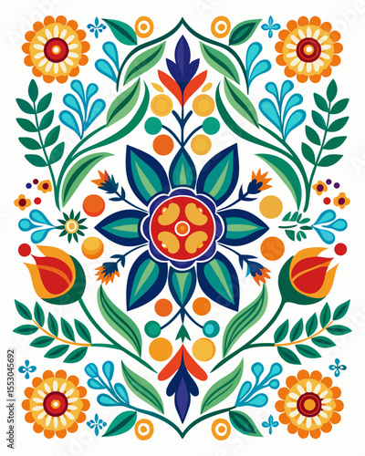 Symmetrical botanical artwork showcasing flowers, leaves and decorative floral elements in a colorful, folk art inspired design.