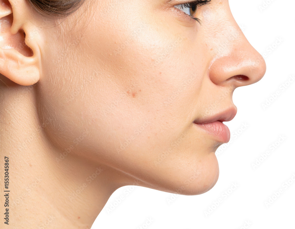 Obraz premium Close-up profile of a woman's face showcasing clear, smooth skin with natural makeup against a black background.