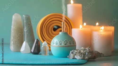 Fototapeta na wymiar Serene Teal Aromatherapy Diffuser with Crystals and Candles