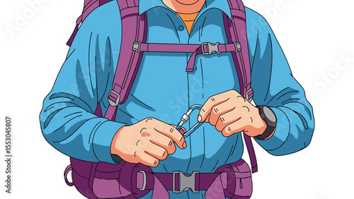 Hiker Securing Gear with Carabiner Clip, Cartoon Illustration for Outdoor Adventure  Promotion