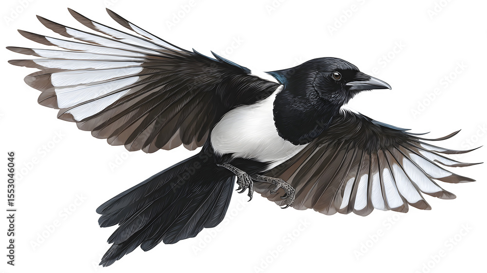 Fototapeta premium Magpie flying with a cricket in beak, feathers detailed, clean white isolation