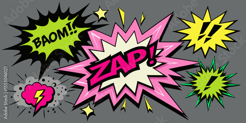 Comic explosion bubbles pop with vibrant colors and dynamic shapes perfect for impactful graphic designs and layouts.