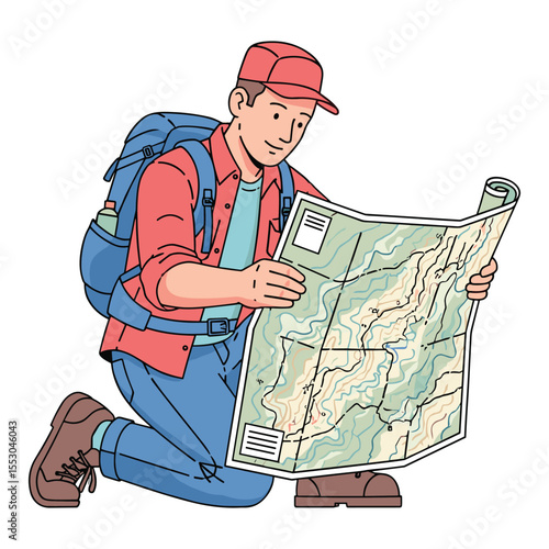 Hiker Orienting with Topographic Map: Adventure and Exploration Illustration Art