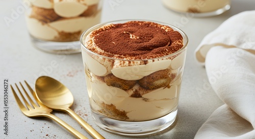 Indulge in the creamy, coffee-infused layers of this delightful homemade tiramisu, elegantly presented in a glass.